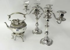 Pair of silver plated twin branch candelabra and an antique silver plated spirit kettle