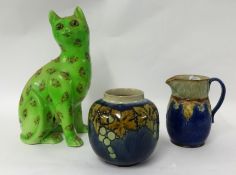 `Galle` style Pottery cat with floral decoration (badly damaged) also Doulton jug and jar