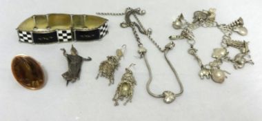 Small collection of silver, charm bracelet, enamel bracelet etc
