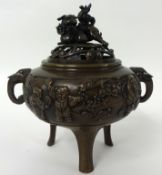 Chinese bronze censor with pierced dome cover with budhistic lion finial, a/f