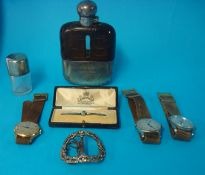 Silver and leather hip flask, three old gents watches, scent bottle (silver mounted), antique