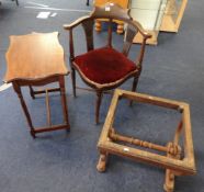 A mahogany stained corner chair, mahogany foot stool frame and oak side table (3)