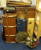 Various three old suitcases, oval mirror, brass ware, stool, easels, tin trunk and china etc