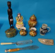 Oriental figure, replica scrimshaw and various other china and objects
