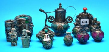 Collection of replica Chinese objects mainly metal mounted bottles, jars etc (12)