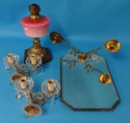 Wall mirror with candle brackets, Victorian oil lamp etc