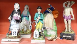 19th century pottery figure `S. Sebasto`m` and four other Staffordshire & other figures