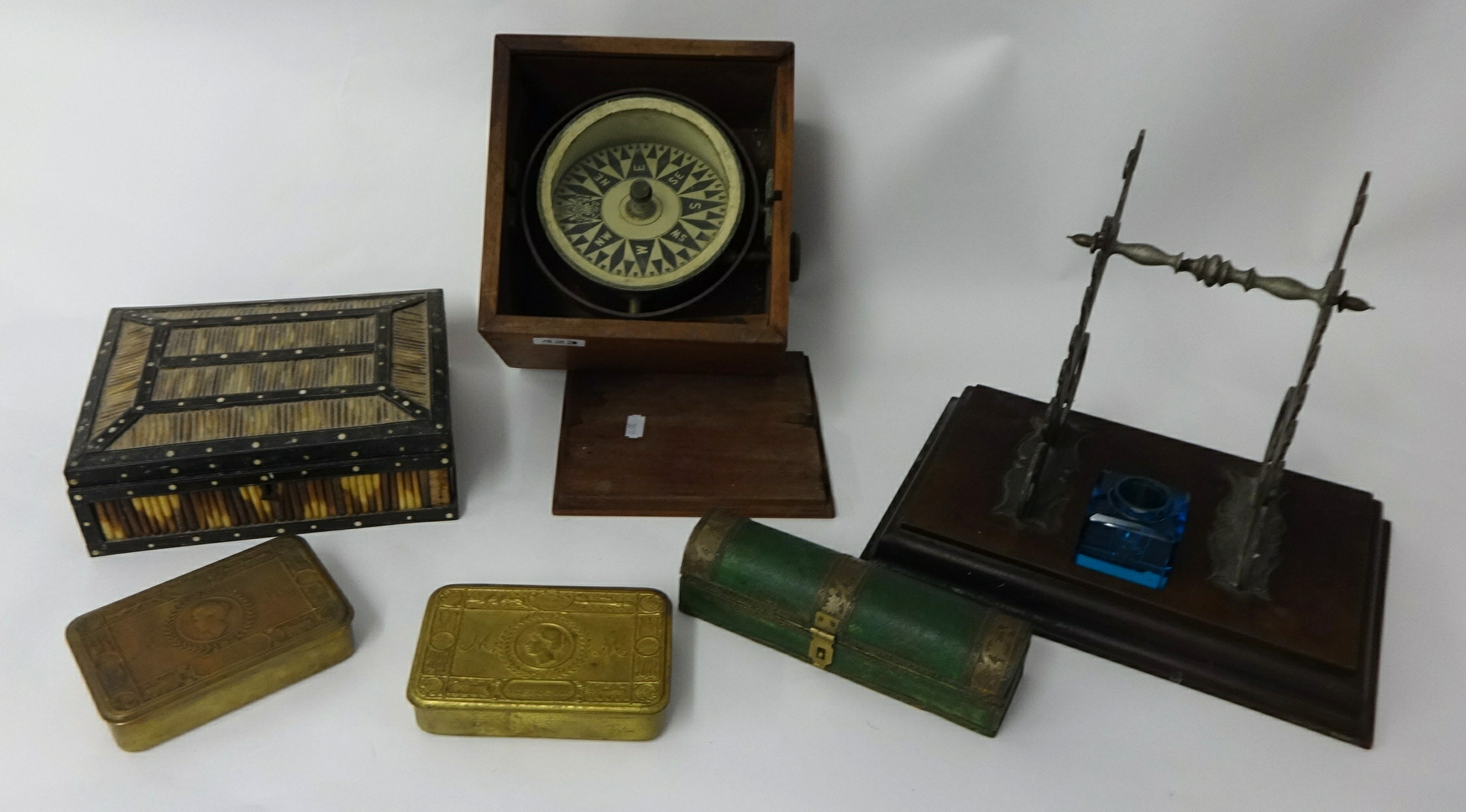 Two Great War `Mary Tins`, pen and ink stand, quill box, binnacle compass and small domed box