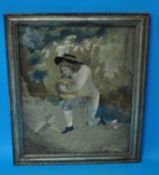 18/19th century silk stitched picture of a Young Man on one Knee, 46cm x 38cm including frame