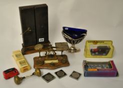 Various items including scales and weights, die cast models, sugar basket, replica icon etc