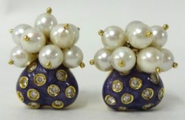 Pair 18ct pearl diamond and enamel earrings