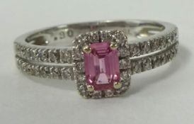 18ct diamond and pink sapphire ring, size M