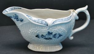 Plymouth Porcelain sauceboat, blue and white, with underglaze mark for tin