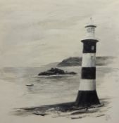 SUE WILLS original acrylic with knife, Plymouth Sound, black and white, 20" x 20"