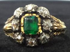 Antique Emerald and Diamond ring set in 9ct gold, size M