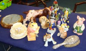 Various china, Staffordshire style figures, silver backed hairbrush and Smiths barometer