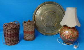 Large Middle Eastern  brass circular tray, decorative table lamp and two caned stoneware flagons.