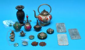 Collection of replica Chinese objects, jade and metal type pendants, miniature bottles, white metal