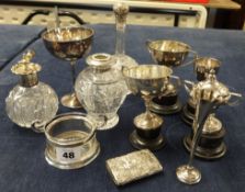 Silver and glass atomiser, also silver cups, bottle, Dutch silver match box with windmill and river