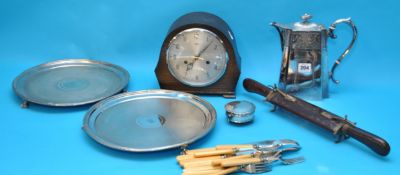 Various plated ware, cutlery, mantle clock also silver ring box