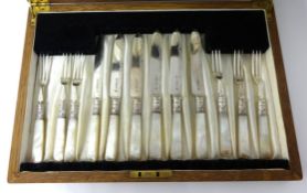 Set of six silver and m.o.p fruit knives, cased