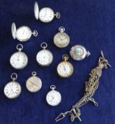 An Omega open face pocket watch t/w nine others also watch chains