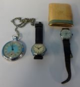 Army pocket watch, two small Gents wrist watches and rolled gold cigarette case