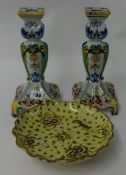 Pair of Delft candlesticks 25cm and pottery stem dish with `cockerel` back stamp