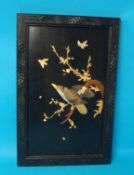 Japanese `shibayama`  carved panel decorated with birds and branches with m.o.p, 70cm x 45cm