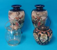 Japanese biscuit barrel, pair Satsuma vases and glass biscuit barrel t/w Pair of African tribal
