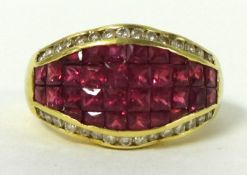 Ruby and diamond cluster ring set in 18K yellow gold, size R