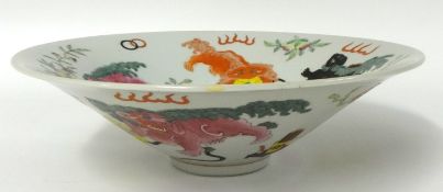 Chinese porcelain conical bowl with enamel decoration of animals etc, 20,65cm diameter