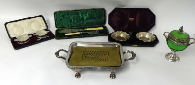 Pair silver dishes with glass liners, cased also pair EP cased dishes, carving set, EP food warmer