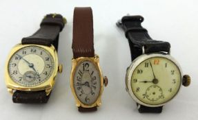 Two traditional gold cased wrist watches and another (3)