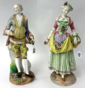 Pair of large 19th century porcelain figures, a Lady and Companion with blue under glazed cross