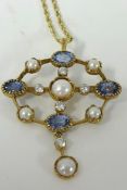 A sapphire diamond and pearl set pendant