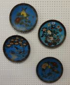 Four Japanese Cloisonne plates decorated with birds and flowers, approximately 30cm diameter