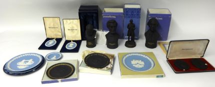 Wedgwood Black Basalt four busts including George Washington also various blue Wedgwood Jasper Ware