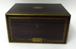 19th century rosewood and brass inlaid jewel box with key, 33cm wide