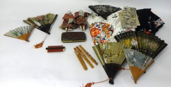 Two Chinese silk Kimonos, pair Chinese prints, fans and papier mache tray, Chinese dolls and travel