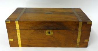 Victorian walnut and brass bound writing slope with key, 45cm wide
