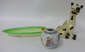 Devon pottery cat `Anybody Seen Our Cat`, 22cm also ginger jar and Beswick leaf dish