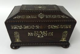 Victorian rosewood and inlaid sewing box, fitted interior containing various carved bone and other