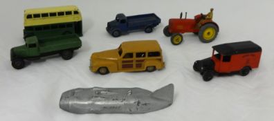 Seven play worn Dinky toys including Austin Flatbed lorry and London bus