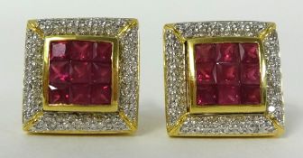 Pair of square ruby and diamond cluster earrings set in yellow metal stamped 18k