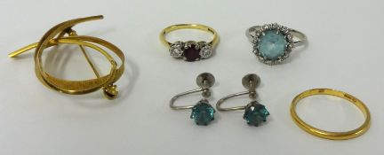 22ct gold wedding band approximately 2g, 18ct white gold aqua style cluster ring and similar