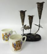 A Chinese silver three flute epergne decorated with dragons and two coronation mugs