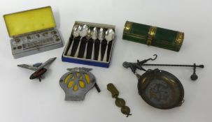 Collection of items including AA badge, scales etc