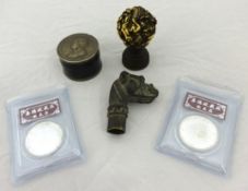 Various replica items including Chinese coins, Zodiac ball seal, bronze walking stick knop and