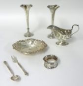 Silver sauce boat, silver and pierced dish, pair spill vases 17cm, napkin ring and small spoon and